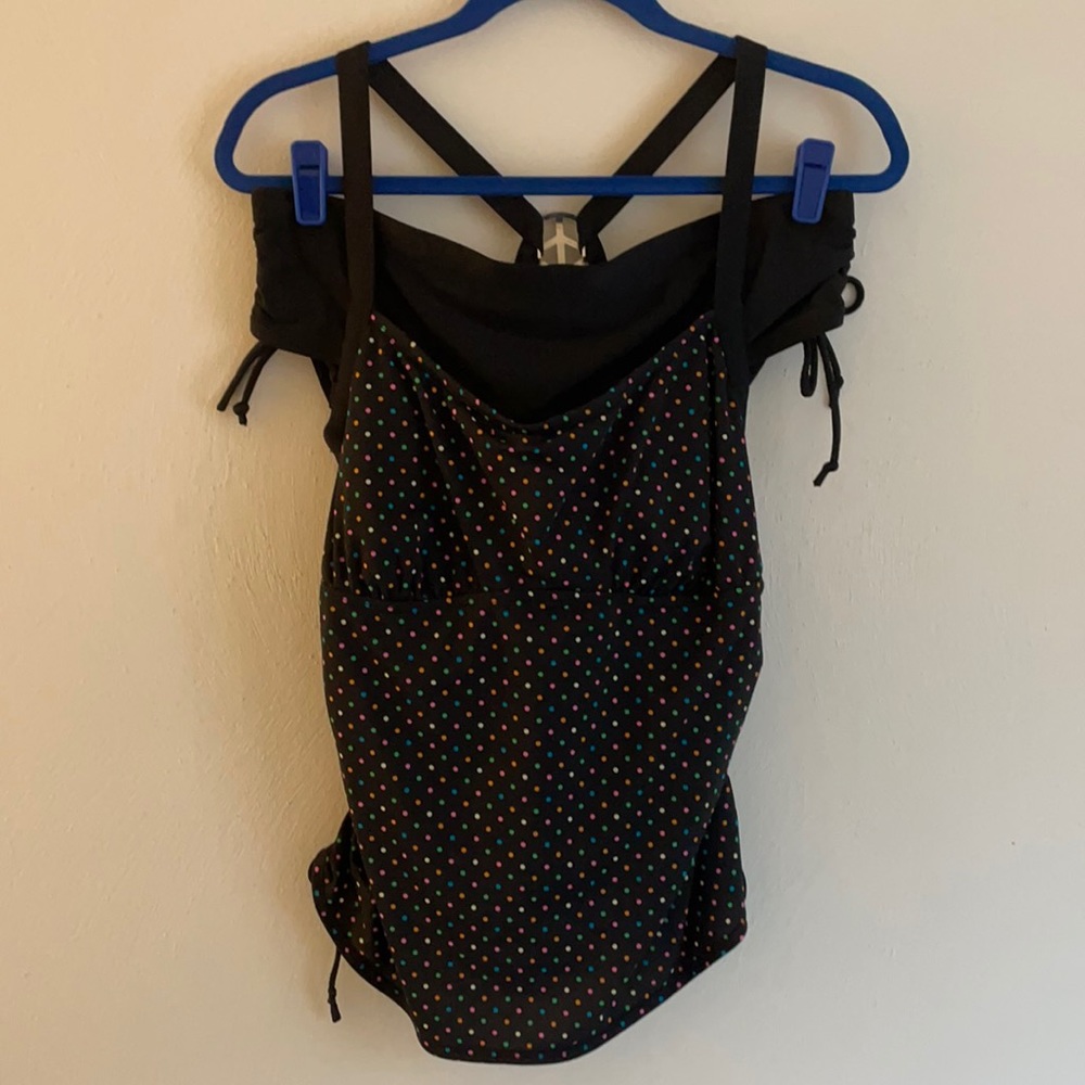 xhilaration black tankini top with polka dots